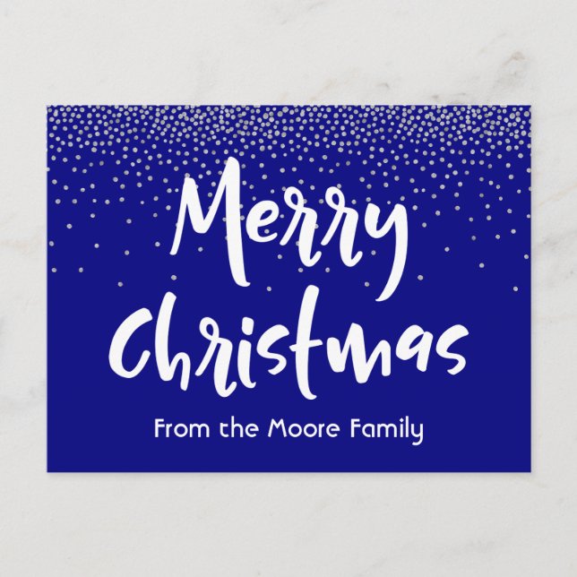 Cartes Pour Fêtes Annuelles Joyeux Noël blanc sur fond marine et confettis arg (Devant)