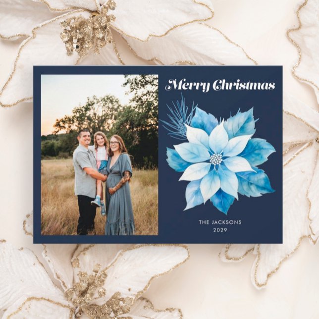 Cartes Pour Fêtes Annuelles Joyeux Noël bleu Poinsettia (Créateur téléchargé)
