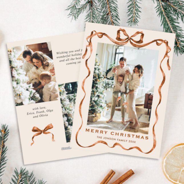 Cartes Pour Fêtes Annuelles Joyeux Noël Boho Bow Ribbon 3 Photo (Créateur téléchargé)