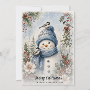 Cartes Pour Fêtes Annuelles Joyeux Noël Bonhomme de Neige Mésanges Aquarelle