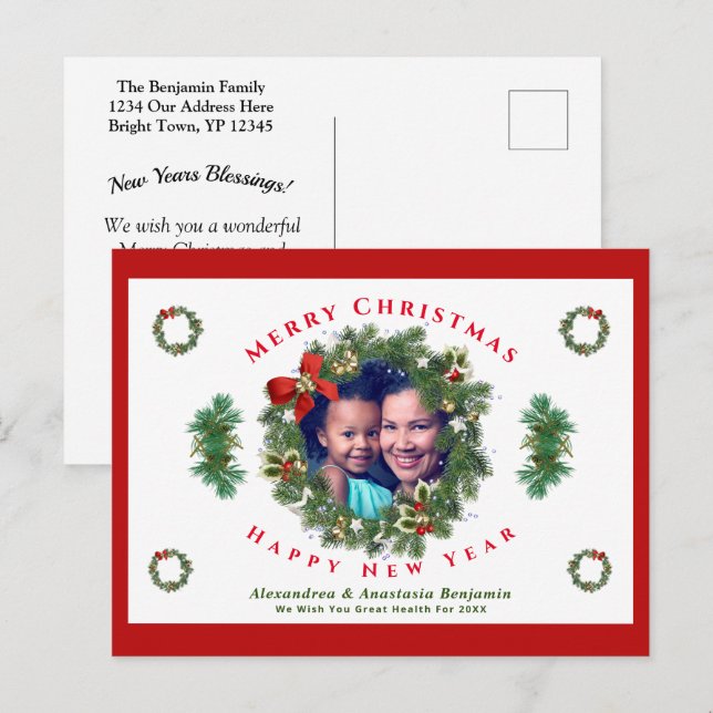 Cartes Pour Fêtes Annuelles Joyeux Noël Bonne Année Photo de famille personnal (Devant / Derrière)