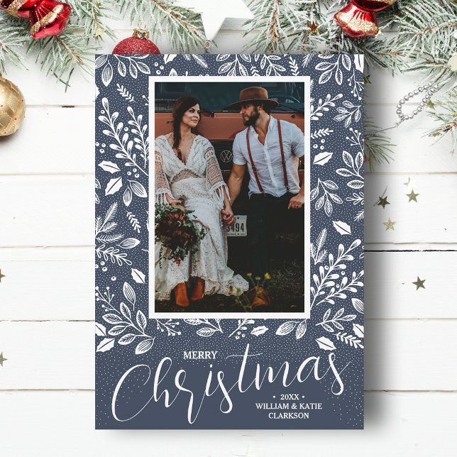 Cartes Pour Fêtes Annuelles Joyeux Noël Botanical Photo Denim (White botanicals on blue Merry Christmas photo holiday cards, PRINTED and/or INSTANT DOWNLOAD)