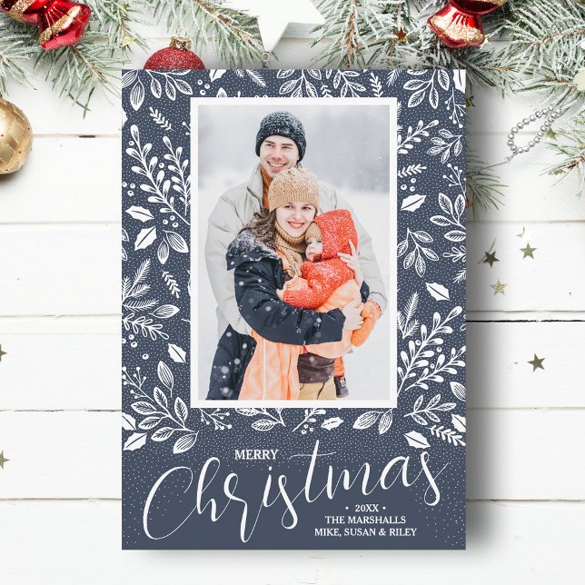Cartes Pour Fêtes Annuelles Joyeux Noël Botanical Photo Denim (
White botanicals on blue Merry Christmas photo holiday cards, PRINTED and/or INSTANT DOWNLOAD)