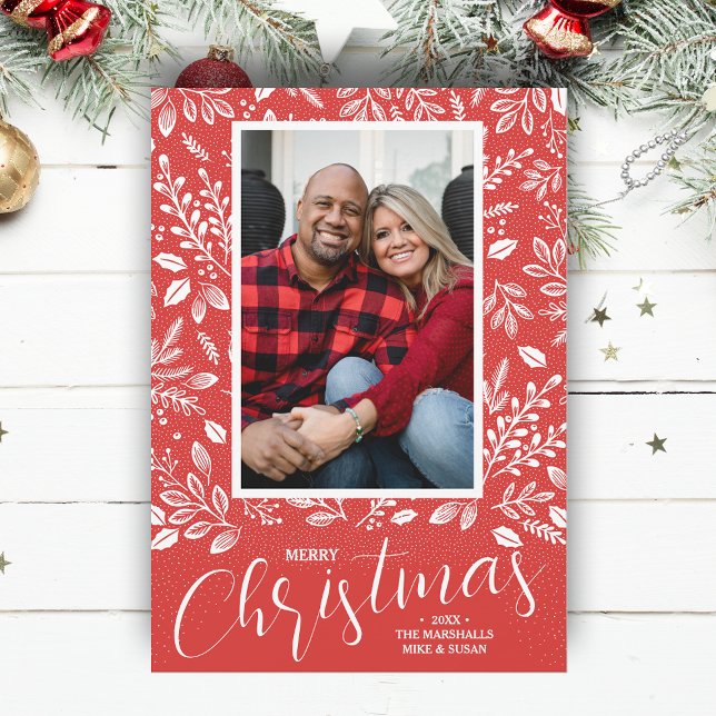 Cartes Pour Fêtes Annuelles Joyeux Noël Botanical Photo Rouge (White botanicals on red Merry Christmas photo holiday cards, PRINTED and/or INSTANT DOWNLOAD)