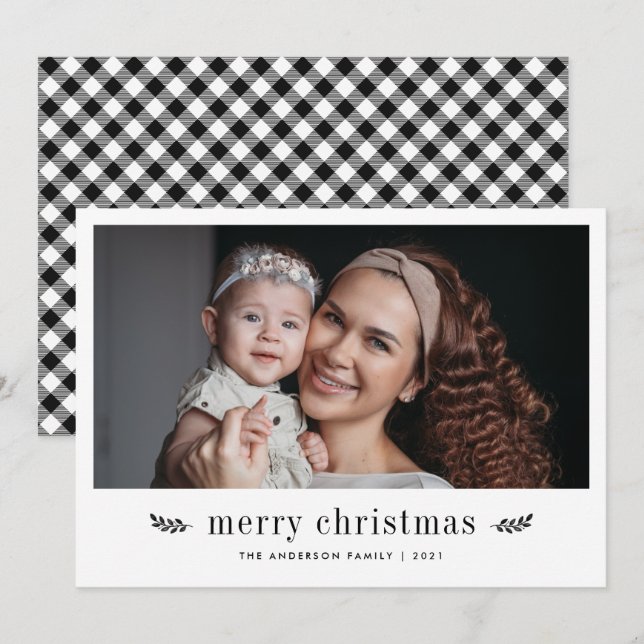 Cartes Pour Fêtes Annuelles Joyeux Noël botanique moderne en plaid noir (Devant / Derrière)