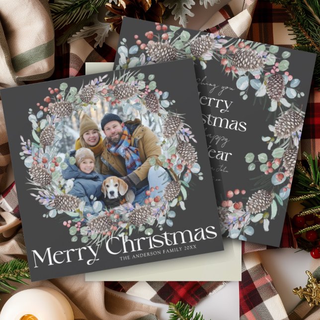 Cartes Pour Fêtes Annuelles Joyeux Noël botanique moderne Wreath & Photo (Créateur téléchargé)