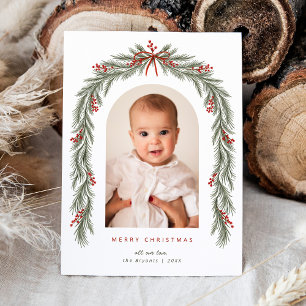 Cartes Pour Fêtes Annuelles Joyeux Noël Bow Berries Pine Branch Arche Photo