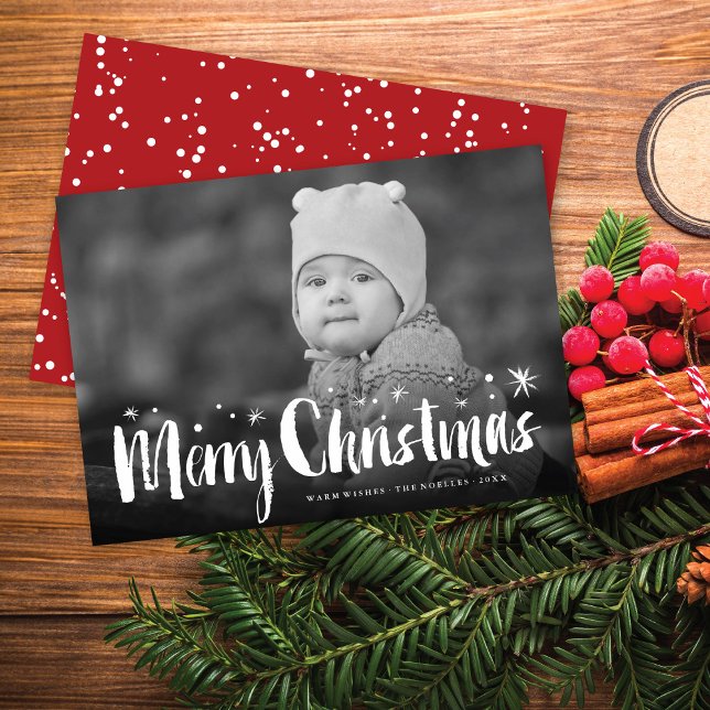 Cartes Pour Fêtes Annuelles Joyeux Noël Brosse Script Étoiles Étincelantes Pho (Créateur téléchargé)