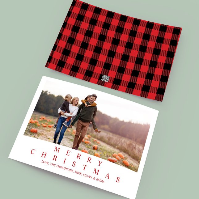 Cartes Pour Fêtes Annuelles Joyeux Noël Buffalo Check One Photo (Merry Christmas red and black buffalo check typography multi photo greeting card. )