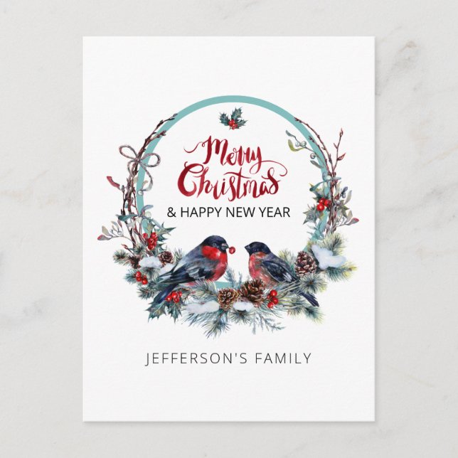 Cartes Pour Fêtes Annuelles Joyeux Noël bullfinches-wreath Voiture de vacances (Devant)