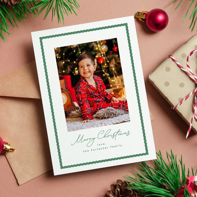 Cartes Pour Fêtes Annuelles Joyeux Noël cadre photo simple vert ondulé (Créateur téléchargé)