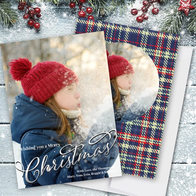 Cartes Pour Fêtes Annuelles Joyeux Noël Calligraphie Marine Bleu Rouge Plaid (Merry Christmas Calligraphy script holiday photo card. )