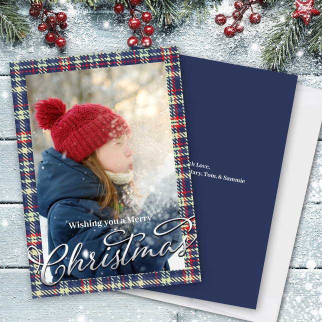 Cartes Pour Fêtes Annuelles Joyeux Noël Calligraphie Script Navy Blue Plaid (Merry Christmas Navy Blue photo template card. )