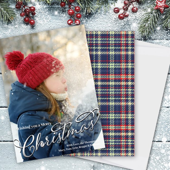 Cartes Pour Fêtes Annuelles Joyeux Noël Calligraphie Script Navy Blue Plaid (Merry Christmas calligraphy elegant silver script. )