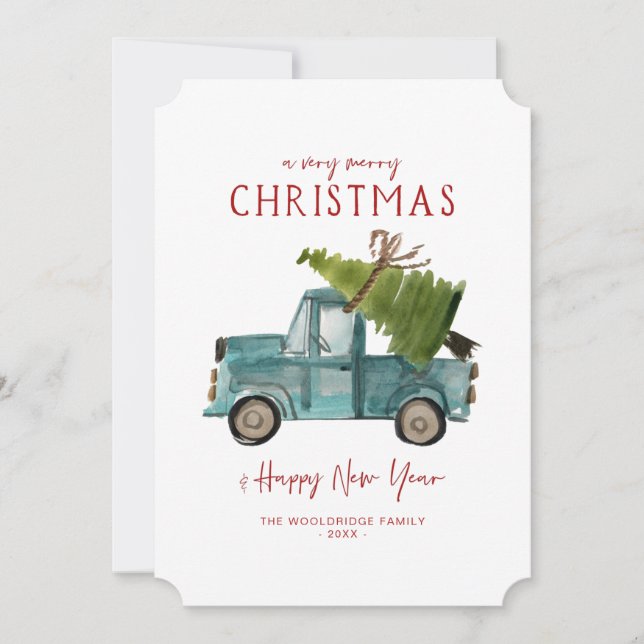 Cartes Pour Fêtes Annuelles Joyeux Noël | Camion bleu aquarelle (Devant)