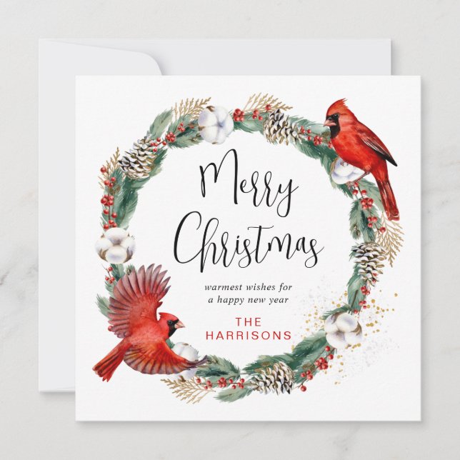 Cartes Pour Fêtes Annuelles Joyeux Noël Cardinal Pine Verdure Wreath (Devant)