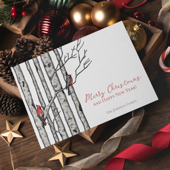 Cartes Pour Fêtes Annuelles Joyeux Noël Cardinals Branches de bijoux Photo (Elegant & Modern Hand-Drawn Merry Christmas Red Cardinal Birds Perched on Birch Tree Branches.)