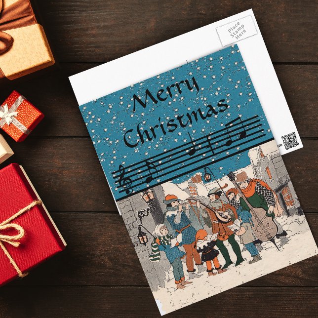 Cartes Pour Fêtes Annuelles Joyeux Noël Carolers PostCard (Group carolers and musicians on street corner Music notes on Merry Christmas postcard.)