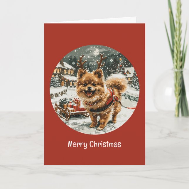 Cartes Pour Fêtes Annuelles Joyeux Noël Chien de rennes de Poméranie (Devant)