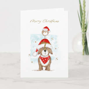 Cartes Pour Fêtes Annuelles Joyeux Noël Chien et Oiseau Mignon