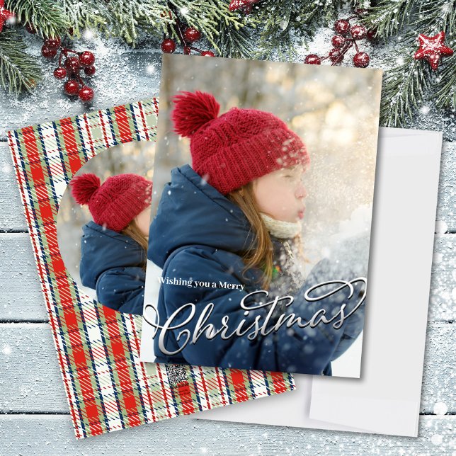 Cartes Pour Fêtes Annuelles Joyeux Noël Classic Calligraphie Rouge Plaid (Merry Christmas red and green plaid photo card template)