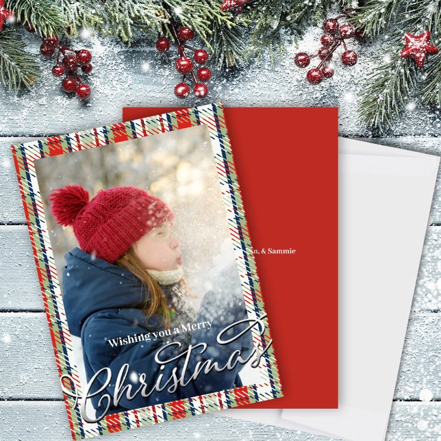 Cartes Pour Fêtes Annuelles Joyeux Noël Classic Calligraphie Rouge Plaid (Merry Christmas Silver gradient typography script. )