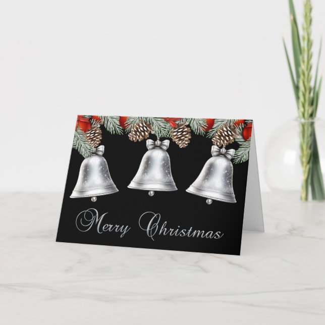 Cartes Pour Fêtes Annuelles Joyeux Noël cloches d'argent avec cônes de pin (Devant)
