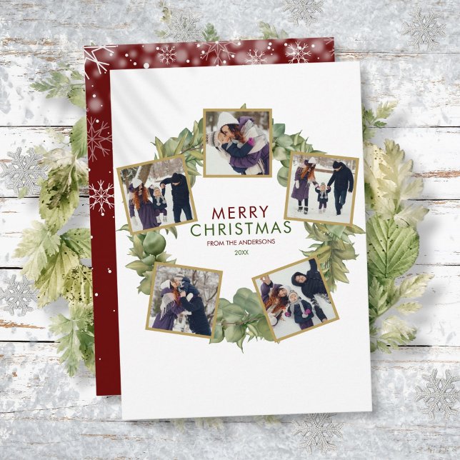 Cartes Pour Fêtes Annuelles Joyeux Noël couronne Bourgogne 5 Photo (Merry Christmas Wreath Burgundy 5 Photo Holiday Card)