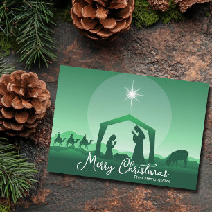 Cartes Pour Fêtes Annuelles Joyeux Noël Crèche Vert Religieux