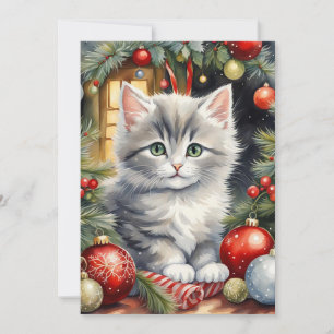 Cartes Pour Fêtes Annuelles Joyeux Noël Cute Kitten avec ornements