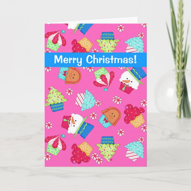 Cartes Pour Fêtes Annuelles Joyeux Noël d'art rose lumineux de petit gâteau (Devant)