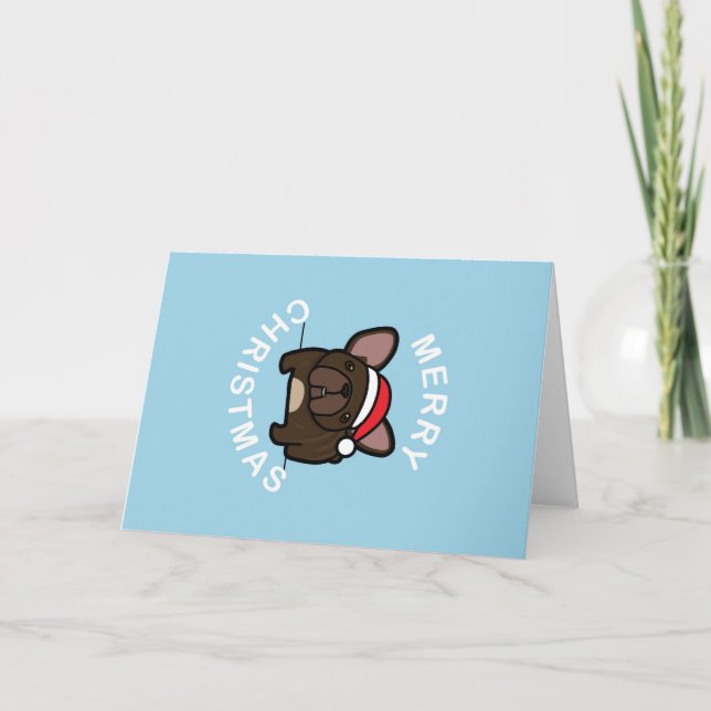 Cartes Pour Fêtes Annuelles Joyeux Noël de Brindle Père Noël Frenchie - Bleu (Devant)
