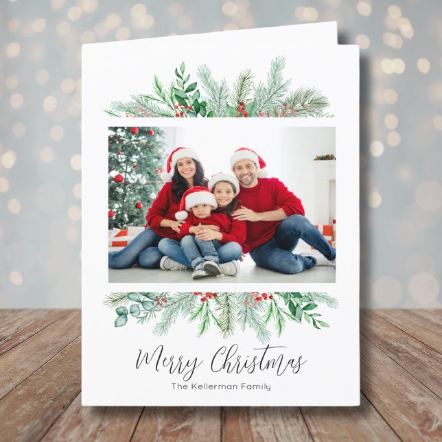Cartes Pour Fêtes Annuelles Joyeux Noël de la verdure Photo traditionnelle (Merry Christmas Greenery Traditional Photo Holiday Card)