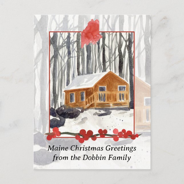 Cartes Pour Fêtes Annuelles Joyeux Noël du Maine Cabine Winter Forest (Devant)