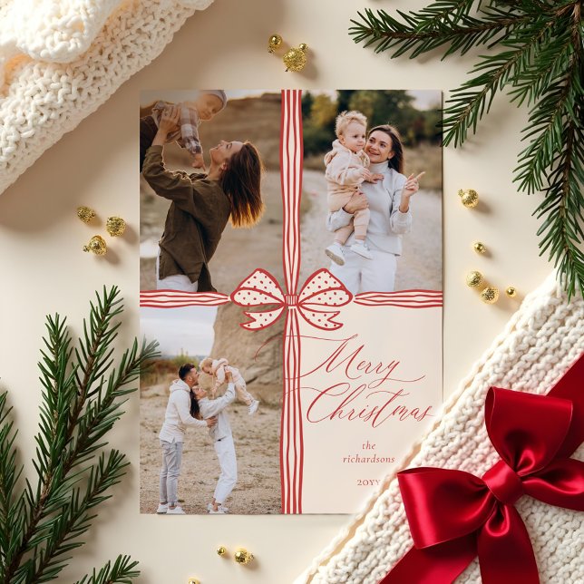 Cartes Pour Fêtes Annuelles Joyeux Noël Elegant Bow Présent Photo Collage (Merry Christmas Elegant Bow Present Photo Collage Holiday Card)
