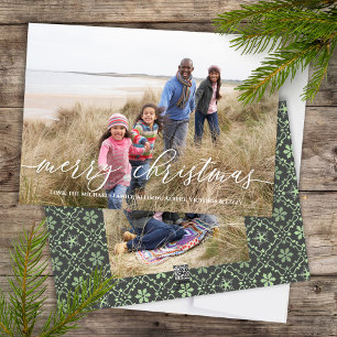 Cartes Pour Fêtes Annuelles Joyeux Noël Élégant Flocon de neige vert Deux phot