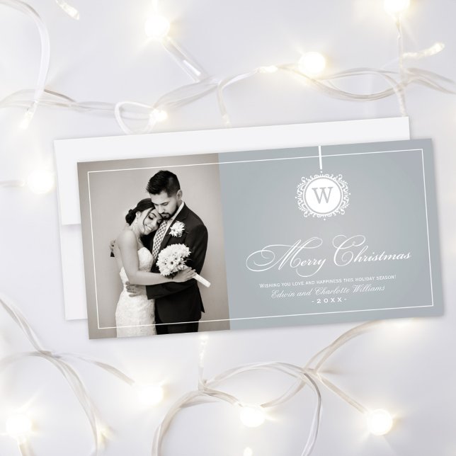 Cartes Pour Fêtes Annuelles Joyeux Noël Elegant Monogramme Argent Photo (Créateur téléchargé)