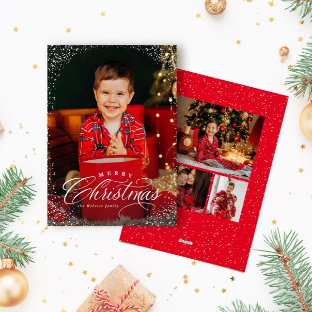 Cartes Pour Fêtes Annuelles Joyeux Noël élégant rouge quatre photo cadre neige (Créateur téléchargé)