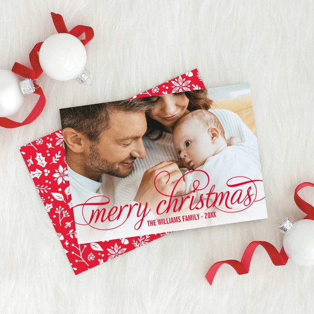 Cartes Pour Fêtes Annuelles Joyeux Noël Élégant Rouge Script Photo Overlay (Créateur téléchargé)