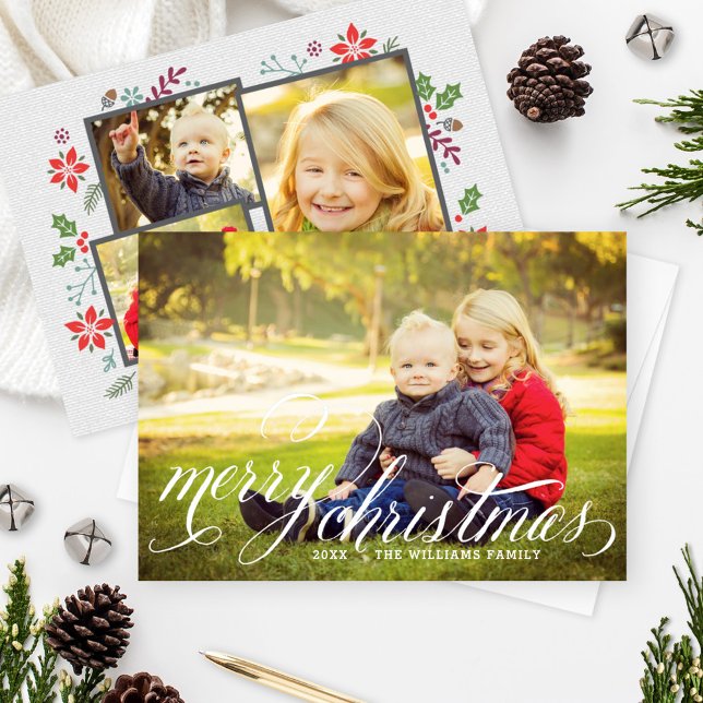 Cartes Pour Fêtes Annuelles Joyeux Noël Élégant Script blanc Photo Collage (Créateur téléchargé)