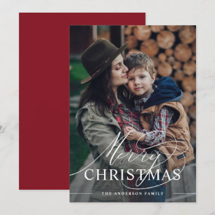 Cartes Pour Fêtes Annuelles Joyeux Noël Élégant script photo Merlot rouge