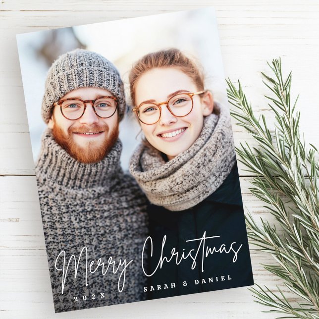 Cartes Pour Fêtes Annuelles Joyeux Noël élégant script rouge photo (Merry Christmas elegant script red photo Holiday Card)