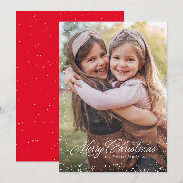 Cartes Pour Fêtes Annuelles Joyeux Noël élégant script rouge une photo neige (Devant / Derrière)