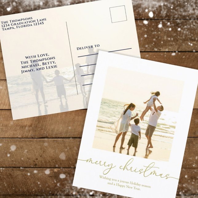Cartes Pour Fêtes Annuelles Joyeux Noël Élégante Calligraphie Or Deux Photo (Créateur téléchargé)