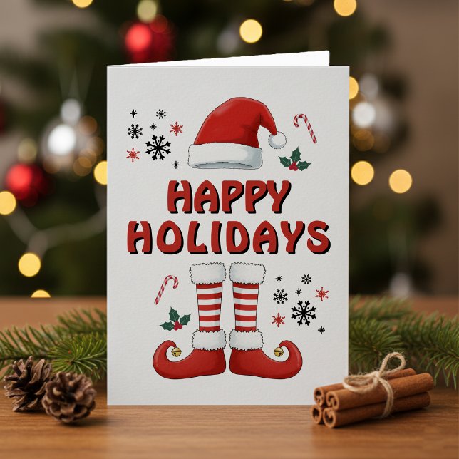 Cartes Pour Fêtes Annuelles Joyeux Noël Elf Bottes Père Noël Casquette Blanc (Merry Christmas Elf Boots Santa Claus Hat White Holiday Card
)