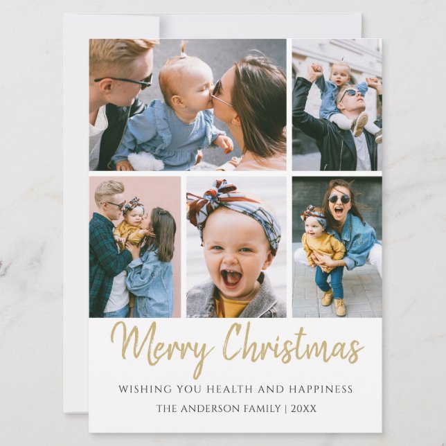 Cartes Pour Fêtes Annuelles Joyeux Noël en or cinq photos (Devant)