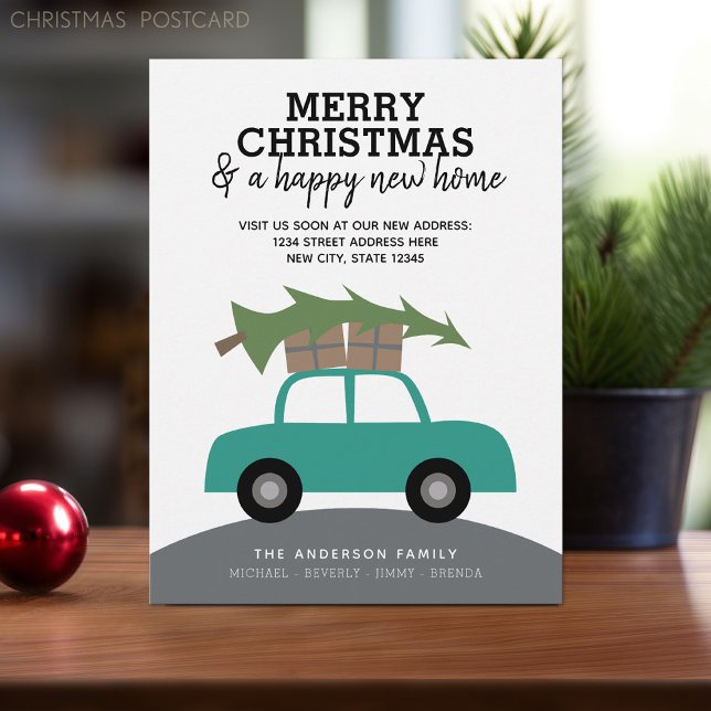 Cartes Pour Fêtes Annuelles Joyeux Noël et une nouvelle adresse résidentielle  (Holiday moving postcard with an area to add your new address. Cute car with Christmas tree on top.)