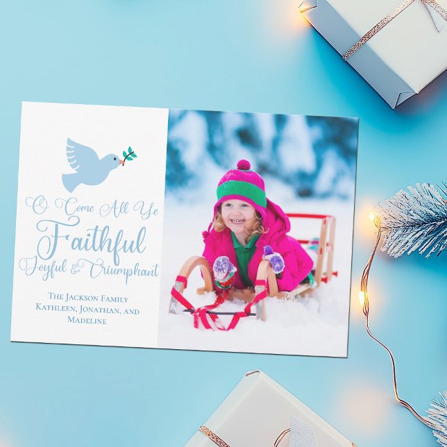 Cartes Pour Fêtes Annuelles Joyeux Noël Famille Photo Blue Dove Religieux (Créateur téléchargé)