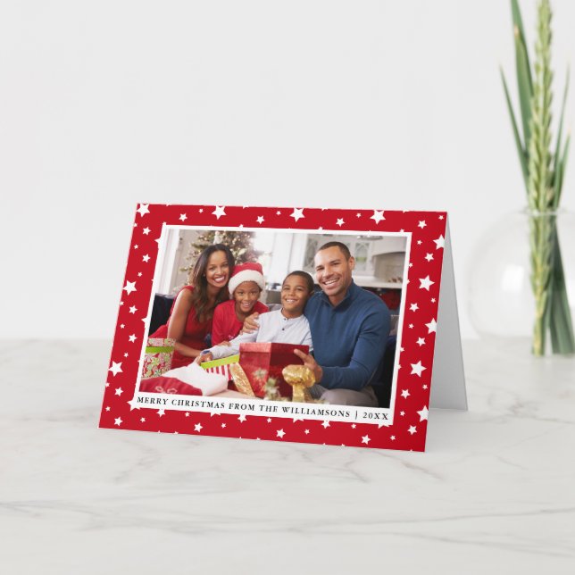 Cartes Pour Fêtes Annuelles Joyeux Noël Famille Photo Étoiles Rouge (Devant)
