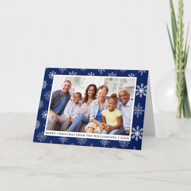 Cartes Pour Fêtes Annuelles Joyeux Noël Famille Photo Flakes Bleu (Devant)